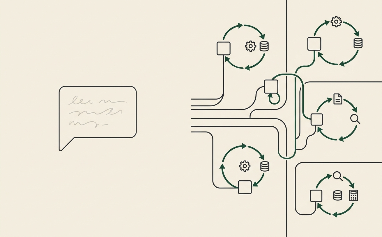 A faint static chatbot bubble on the left; on the right, autonomous agent units moving along paths, touching tools and looping back