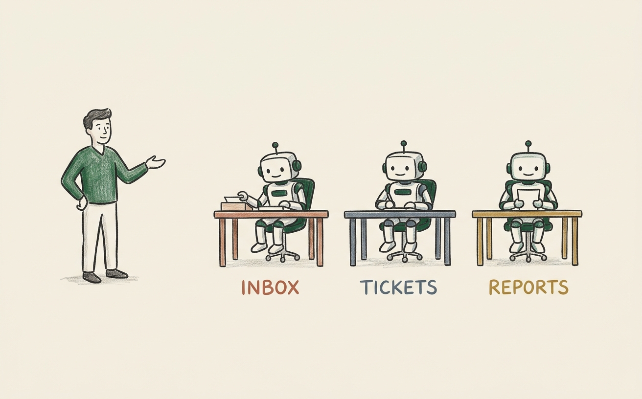 A hand-drawn operations control room: one human at the center setting direction, small green agent figures each working a labelled station — inbox, tickets, reports, data
