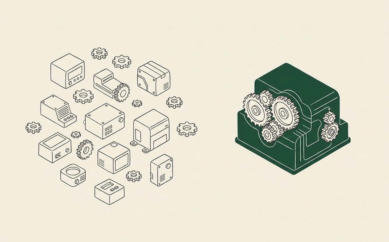 A scattered pile of disconnected charcoal gadget boxes and loose gears on the left; one unified green machine with meshing interlocking gears on the right