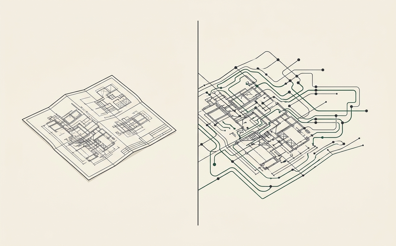 A blueprint handed over and left behind on the left; the same blueprint running as a live connected system on the right