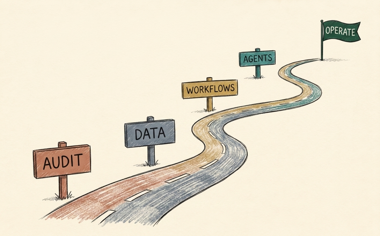 A hand-drawn winding road with five signposts labelled audit, data, workflows, agents, and a green operate flag at the top
