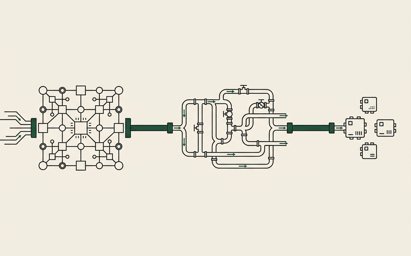 A left-to-right pipeline: a data grid, routed workflow lines, and agent units, joined by green connectors