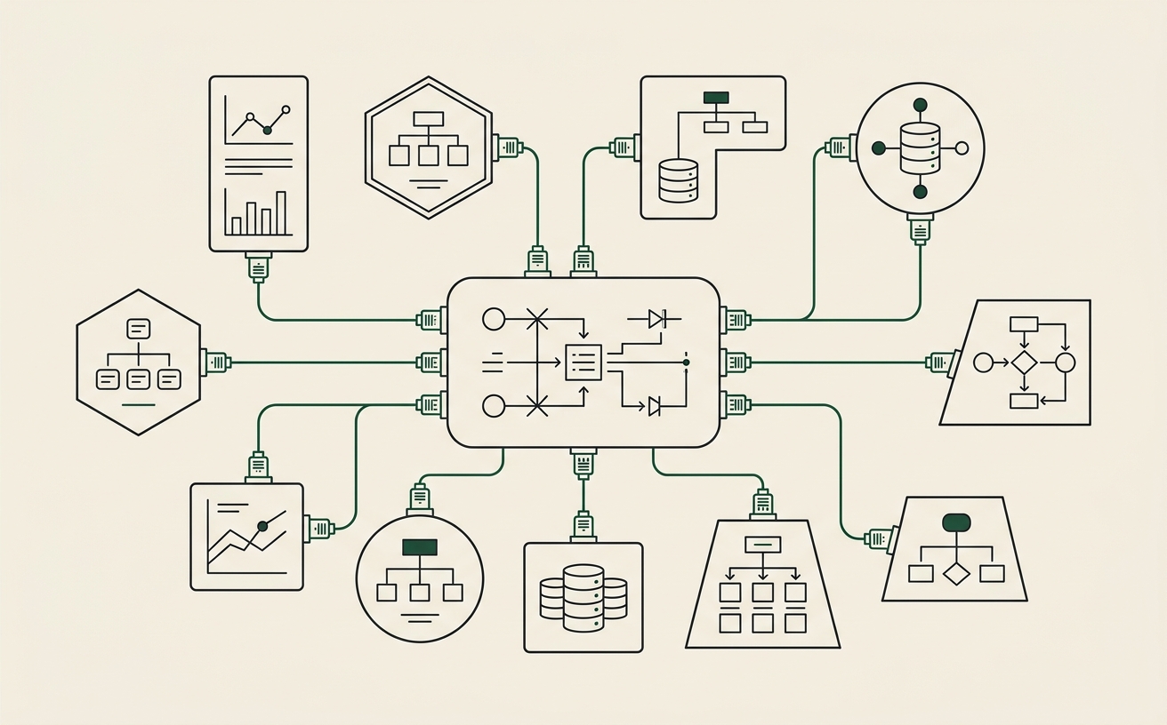 A central hub with several existing business systems plugging into it via green connector lines