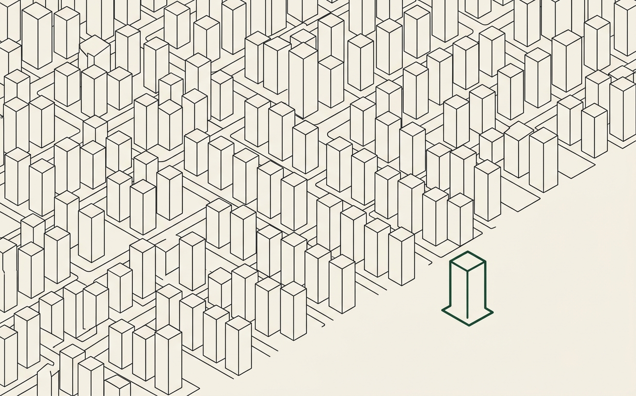 An orderly field of similar tall blocks with one set apart and outlined in green — the AI consulting landscape