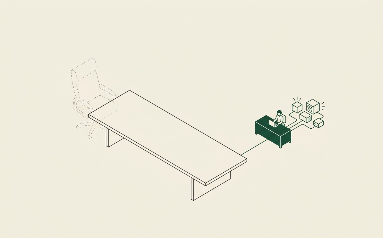 An empty dotted-outline chair at the head of a boardroom table on the left; a solid green operator desk wired into a running system on the right