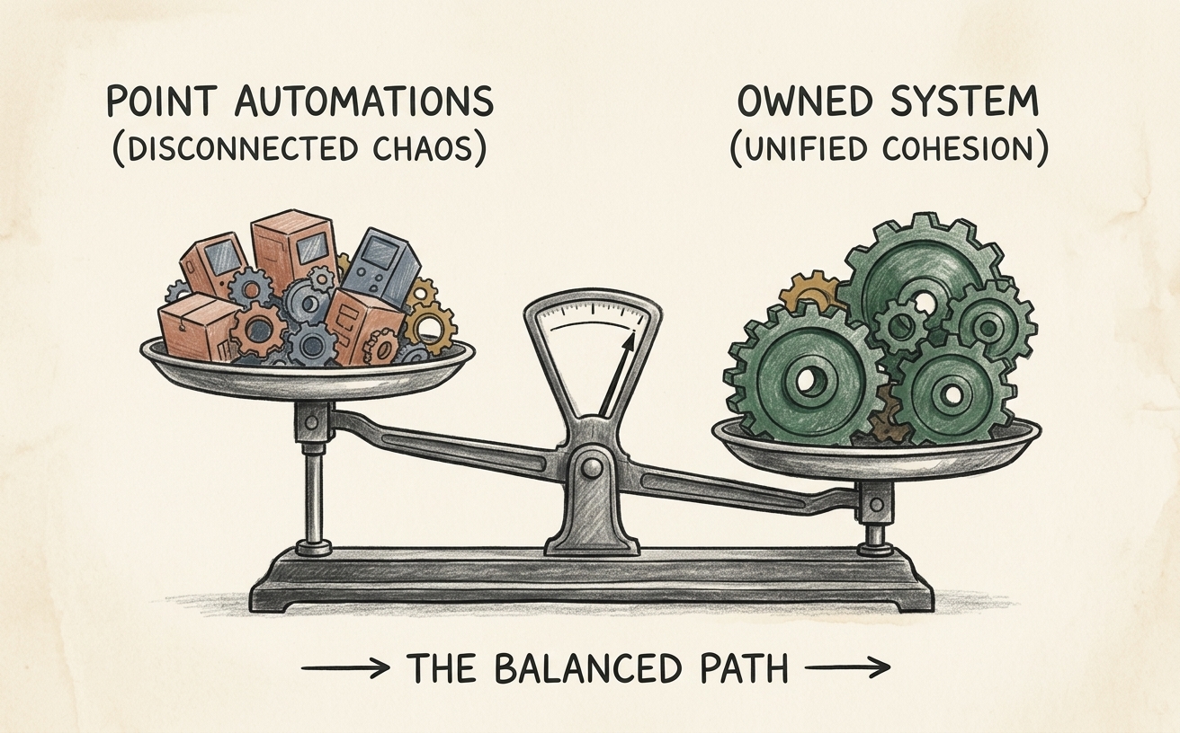 A balance scale weighing a loose pile of disconnected gadget boxes against a single unified green machine, tipping toward the green machine