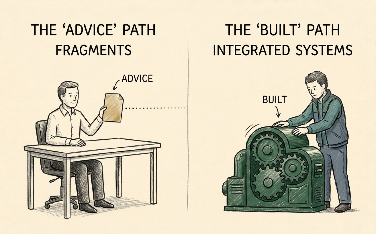 Left: a consultant figure holding a paper labelled advice; right: an operator with both hands on a unified green machine of meshing gears labelled built