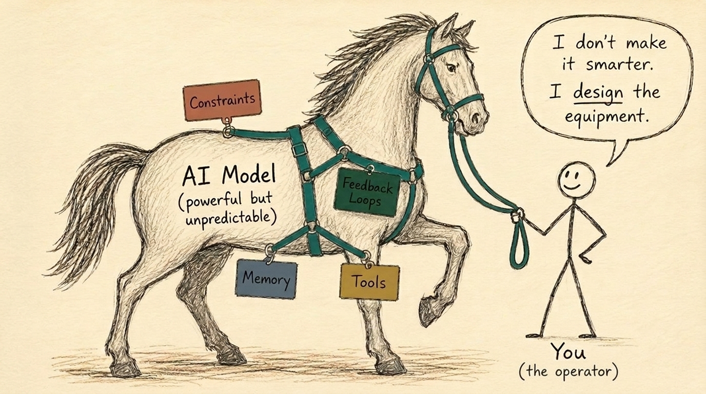 A horse in a harness labelled AI Model with tags for constraints, feedback loops, memory and tools; the operator holds the reins