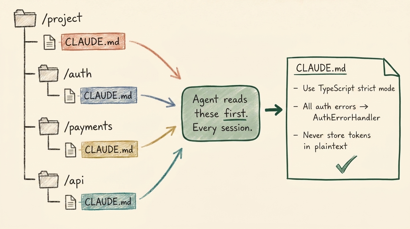 A project file tree where every folder has its own CLAUDE.md, all feeding into: Agent reads these first. Every session.