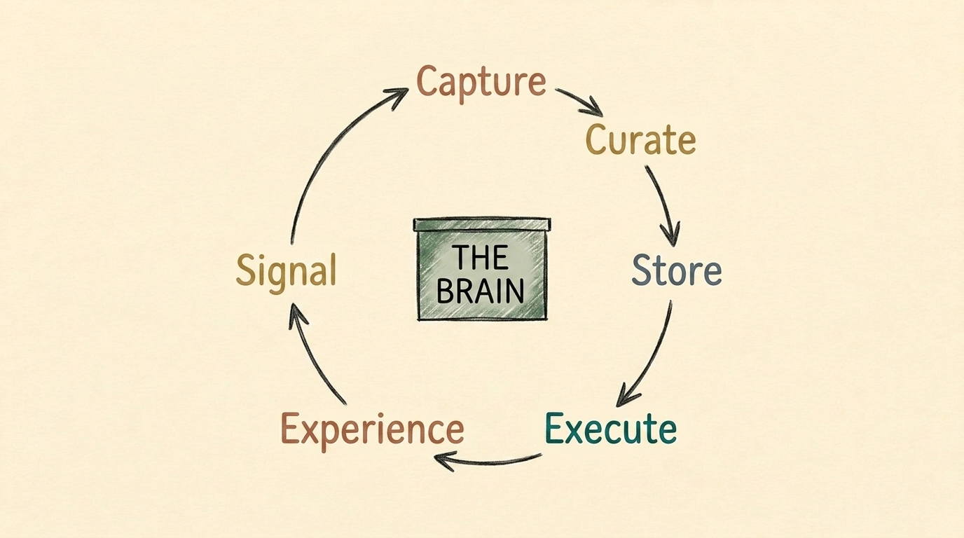 The context loop: capture, curate, store in the brain, execute, customers experience it, signal feeds back