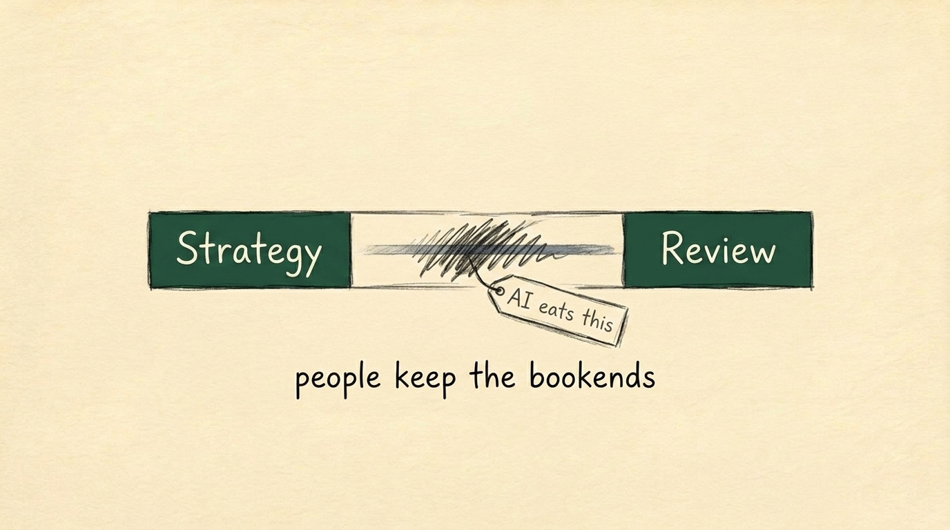 Before and after bar showing AI consuming the execution middle of the work, leaving strategy and review bookends to people